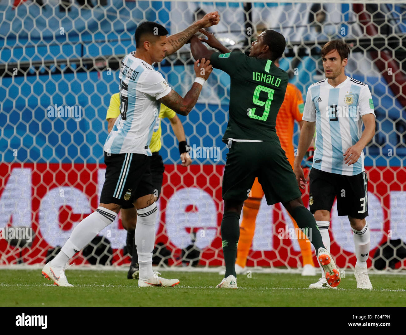SAINT PETERSBURG, RUSSIA - JUNE 26: Odion Ighalo (N9) of Nigeria national team and Marcos Rojo of Argentina national team during the 2018 FIFA World Cup Russia group D match between Nigeria and Argentina at Saint Petersburg Stadium on June 26, 2018 in Saint Petersburg, Russia. (MB Media) Stock Photo