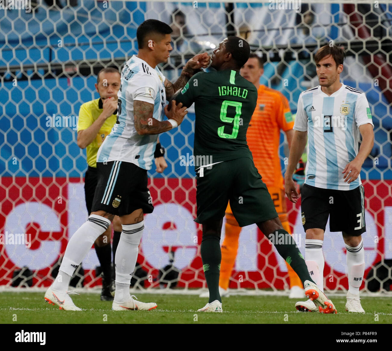 SAINT PETERSBURG, RUSSIA - JUNE 26: Odion Ighalo (N9) of Nigeria national team and Marcos Rojo of Argentina national team during the 2018 FIFA World Cup Russia group D match between Nigeria and Argentina at Saint Petersburg Stadium on June 26, 2018 in Saint Petersburg, Russia. (MB Media) Stock Photo