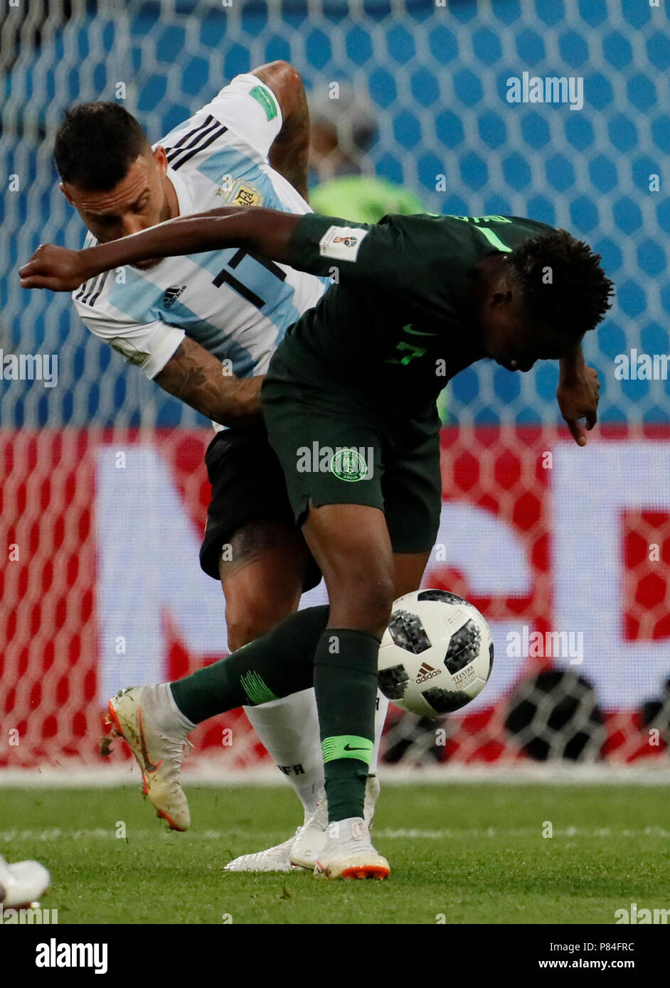 SAINT PETERSBURG, RUSSIA - JUNE 26: Ahmed Musa (R) of Nigeria national team and Nicolas Otamendi of Argentina national team vie for the ball during the 2018 FIFA World Cup Russia group D match between Nigeria and Argentina at Saint Petersburg Stadium on June 26, 2018 in Saint Petersburg, Russia. (MB Media) Stock Photo