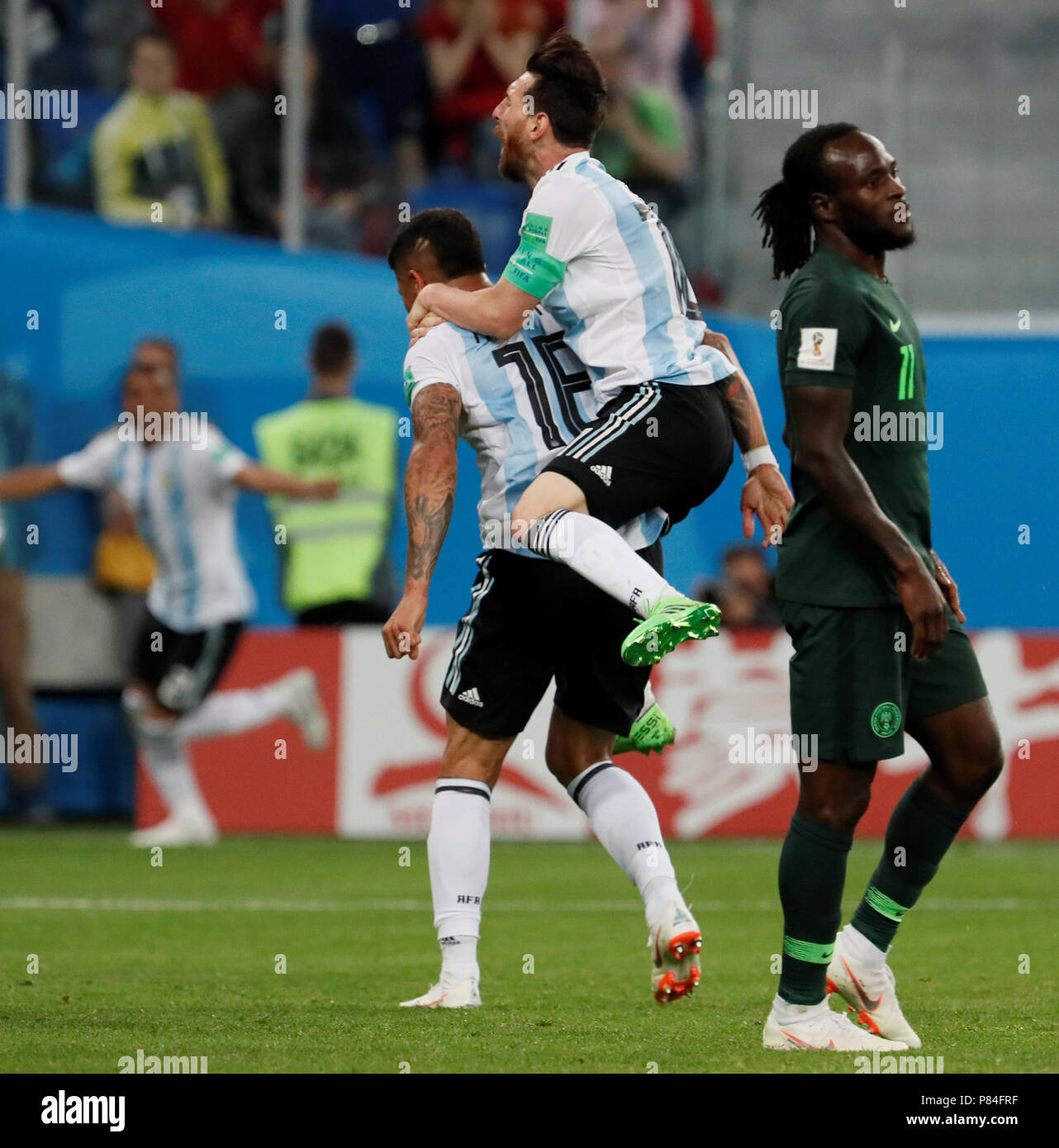 SAINT PETERSBURG, RUSSIA - JUNE 26: Marcos Rojo (C) of Argentina national team celebrates his goal with Lionel Messi (R) during the 2018 FIFA World Cup Russia group D match between Nigeria and Argentina at Saint Petersburg Stadium on June 26, 2018 in Saint Petersburg, Russia. (MB Media) Stock Photo