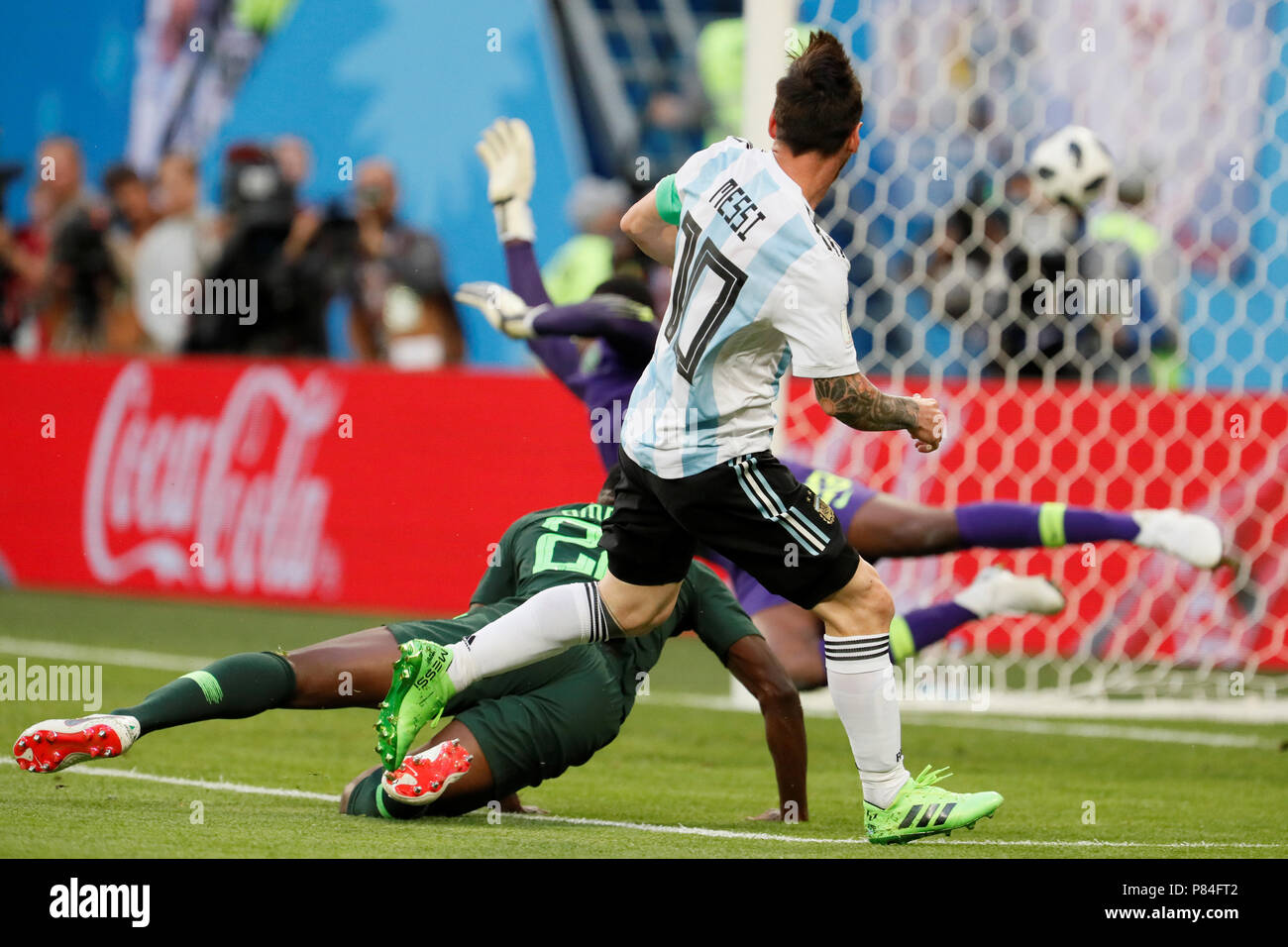 SAINT PETERSBURG, RUSSIA - JUNE 26: Lionel Messi (C) of Argentina national team scores a goal during the 2018 FIFA World Cup Russia group D match between Nigeria and Argentina at Saint Petersburg Stadium on June 26, 2018 in Saint Petersburg, Russia. (MB Media) Stock Photo
