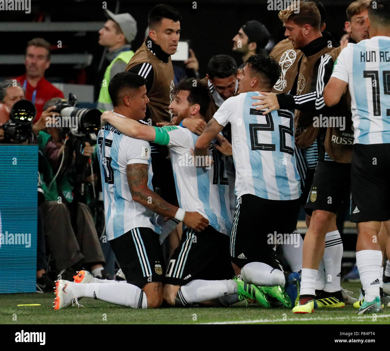 SAINT PETERSBURG, RUSSIA - JUNE 26: Marcos Rojo (L) of Argentina national team celebrates his goal with teammates during the 2018 FIFA World Cup Russia group D match between Nigeria and Argentina at Saint Petersburg Stadium on June 26, 2018 in Saint Petersburg, Russia. (MB Media) Stock Photo