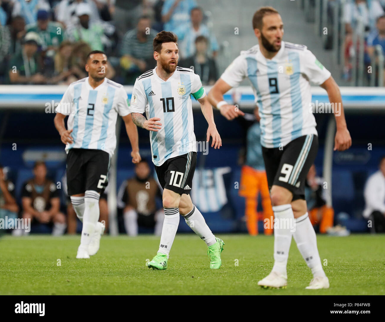SAINT PETERSBURG, RUSSIA - JUNE 26: (L to R) Gabriel Mercado, Lionel Messi and Gonzalo Higuain of Argentina national team during the 2018 FIFA World Cup Russia group D match between Nigeria and Argentina at Saint Petersburg Stadium on June 26, 2018 in Saint Petersburg, Russia. (MB Media) Stock Photo