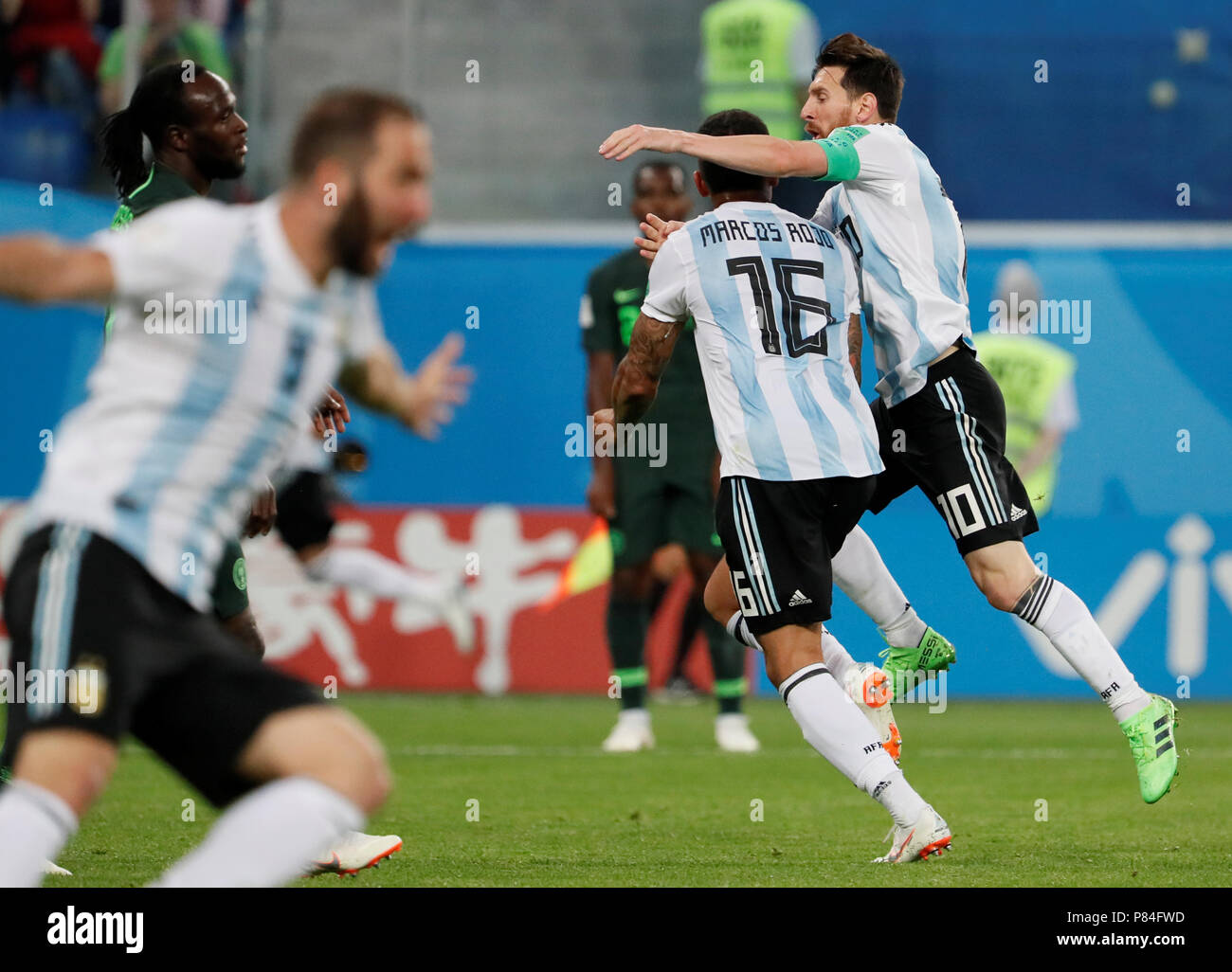 SAINT PETERSBURG, RUSSIA - JUNE 26: Marcos Rojo (C) of Argentina national team celebrates his goal with Lionel Messi (R) during the 2018 FIFA World Cup Russia group D match between Nigeria and Argentina at Saint Petersburg Stadium on June 26, 2018 in Saint Petersburg, Russia. (MB Media) Stock Photo
