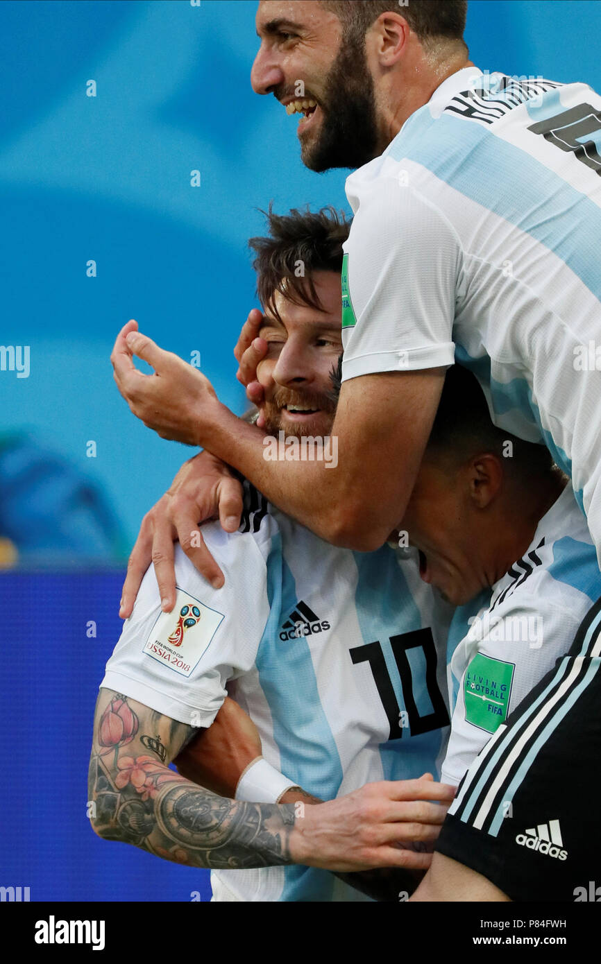 SAINT PETERSBURG, RUSSIA - JUNE 26: Lionel Messi (C) of Argentina national team celebrates his goal with Enzo Perez and Gonzalo Higuain during the 2018 FIFA World Cup Russia group D match between Nigeria and Argentina at Saint Petersburg Stadium on June 26, 2018 in Saint Petersburg, Russia. (MB Media) Stock Photo