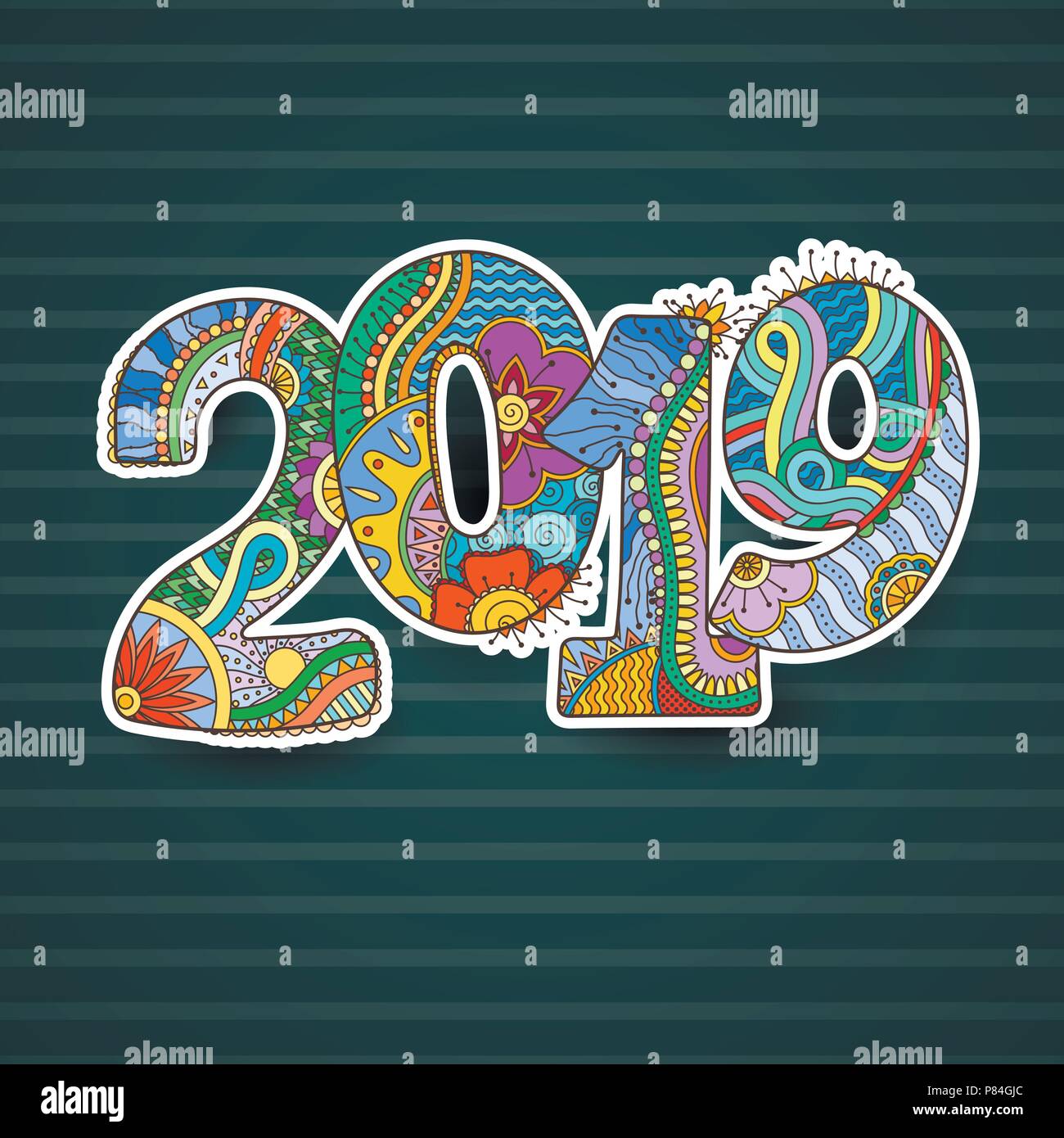 Happy New Year 2019 celebration number. Vector Xmas illustration in zentangle. Christmas background. Stock Vector