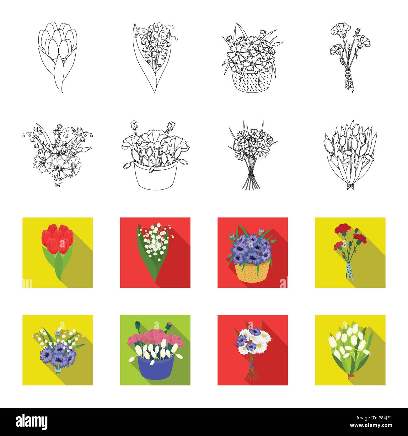 A bouquet of fresh flowers outline,flet icons in set collection for ...