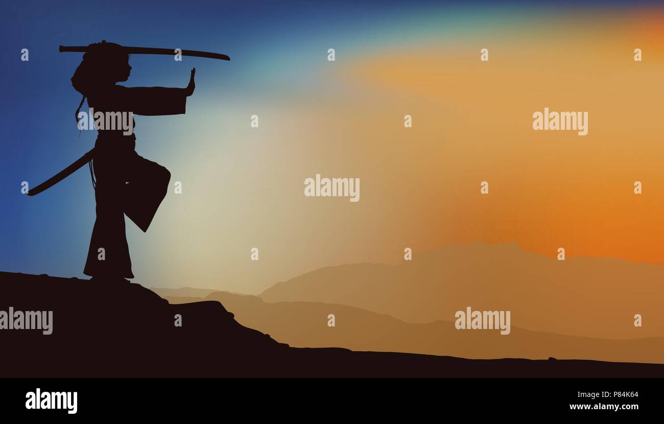 silhouette of a girl in a kimono with a katana sword practicing martial arts on the background of a mountain landscape Stock Vector