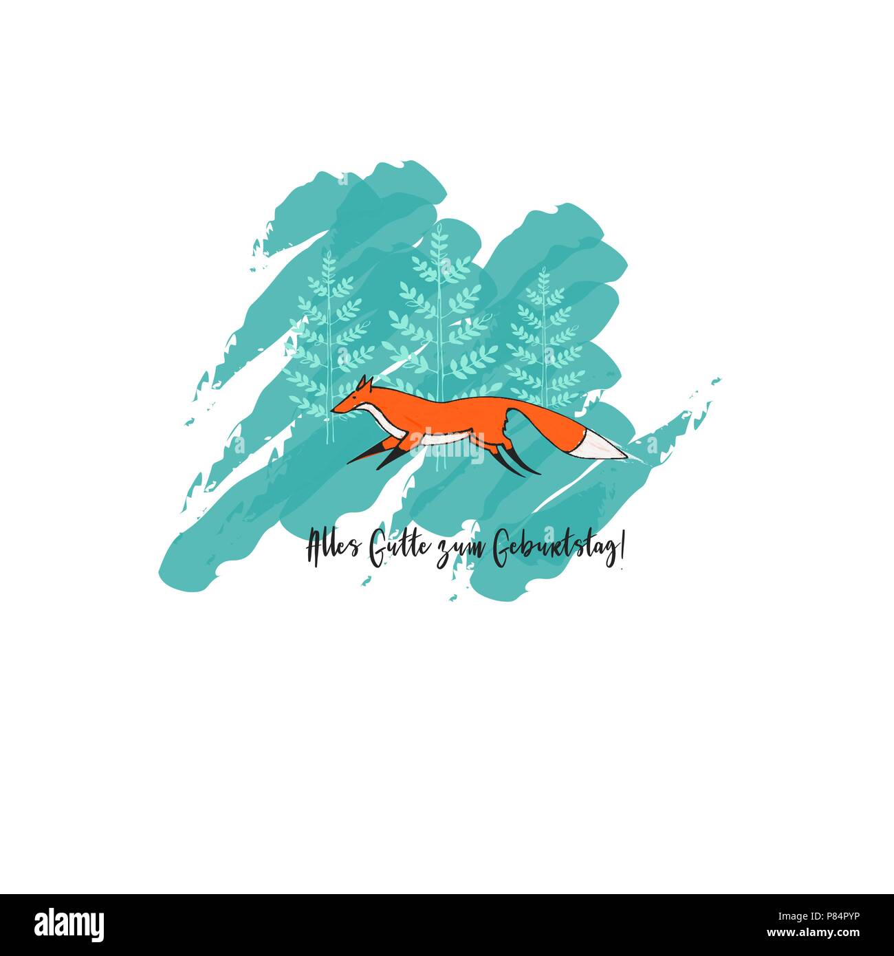The Greeting Card with Cute Running Fox and Trees on Background. Text: Alles Gutte zum Geburtstag in English Happy Birthday. Stock Vector