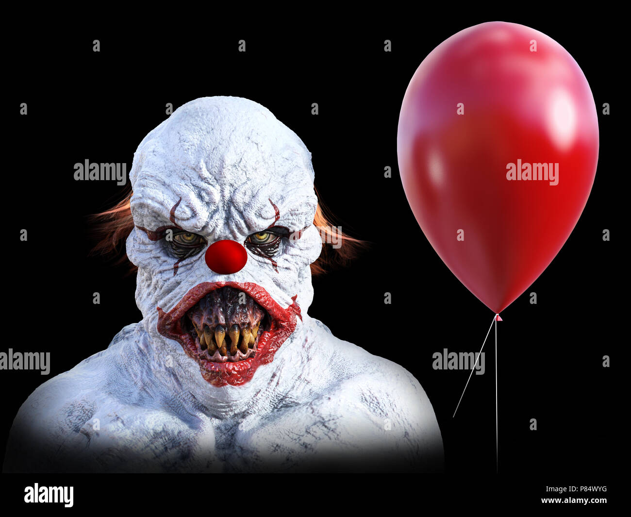 Portrait of an evil looking clown holding a red balloon, 3D rendering.  Black background Stock Photo - Alamy