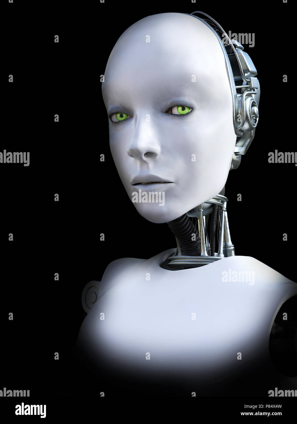 Face portrait of a female robot, 3D rendering. Black background. Stock Photo