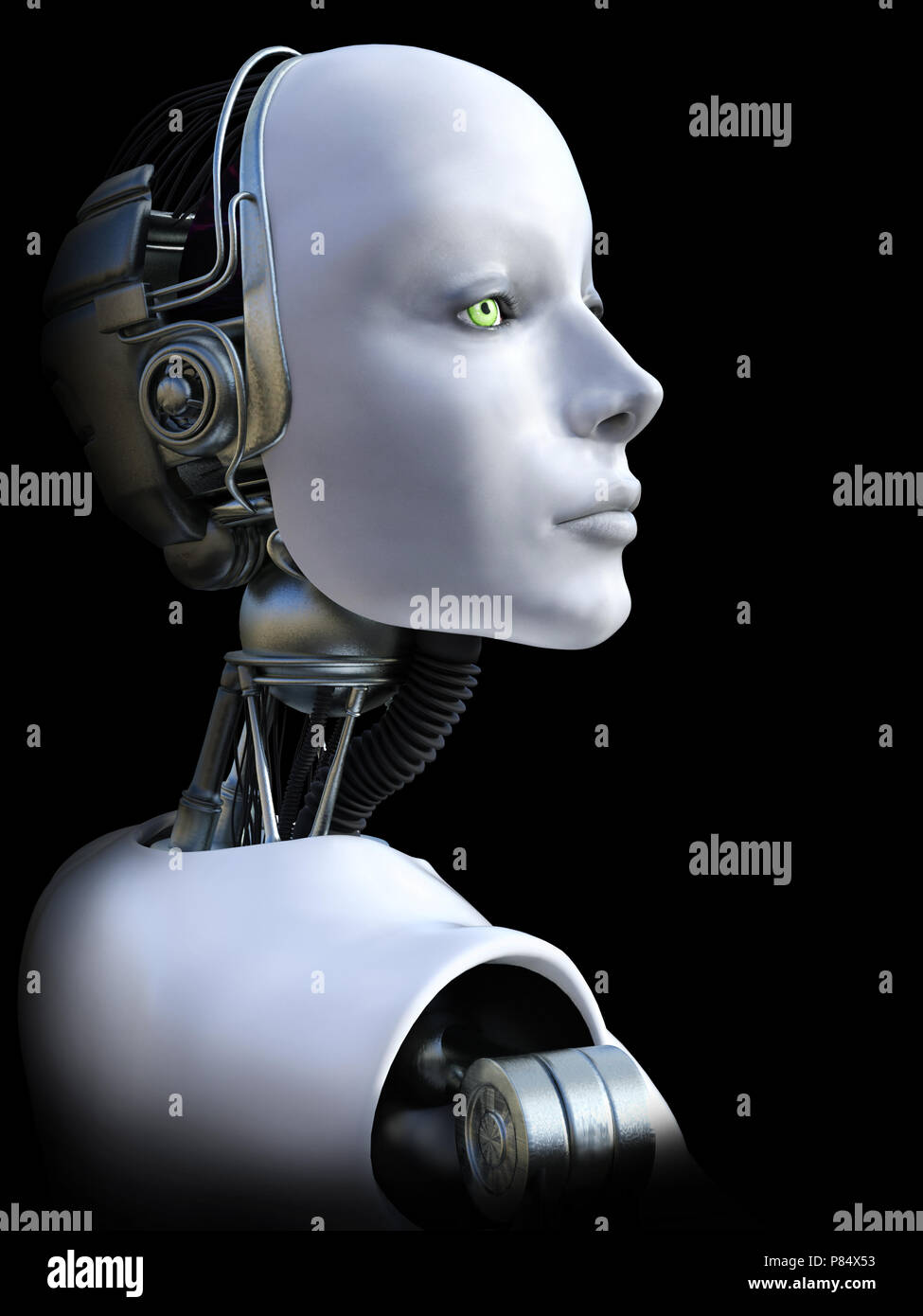 Face portrait of a female robot, 3D rendering. Black background. Stock Photo