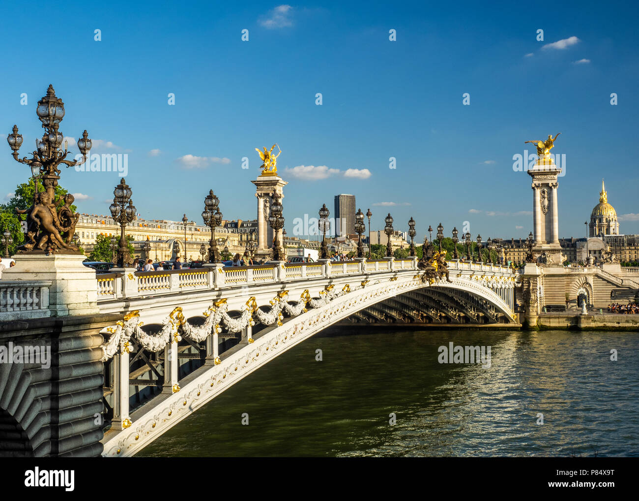 The Pont Alexandre III is Paris's most elegant, grandiose, and sumptuous bridge. It is one of the worlds most beautiful river crossings Stock Photo