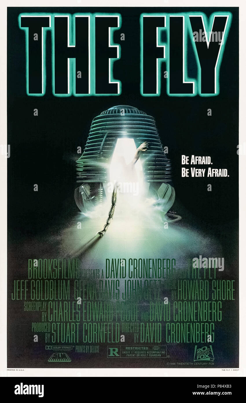 The Fly (1986) directed by David Cronenberg and starring Jeff Goldblum, Geena Davis, John Getz and Leslie Carlson. A scientist accidently splices his DNA with that of a house fly whilst conducting a teleportation experiment. Be afraid. Be very afraid. Stock Photo