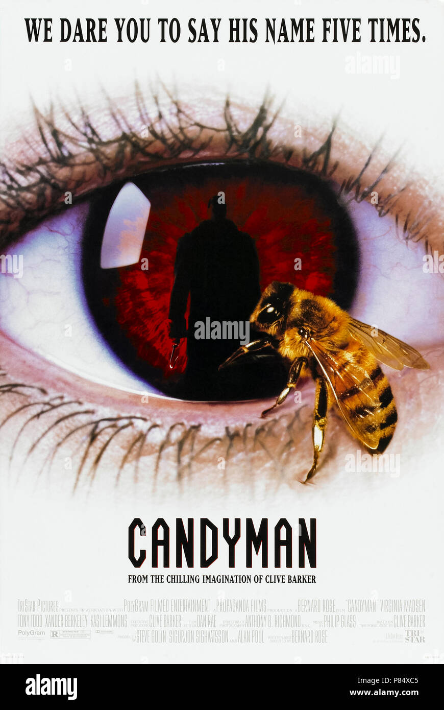 Candyman (1992) directed by Bernard Rose and starring Virginia Madsen, Xander Berkeley and Tony Todd. A student investigating urban legends discovers its prudent not to say Candyman 5 times whilst looking in the mirror. Stock Photo