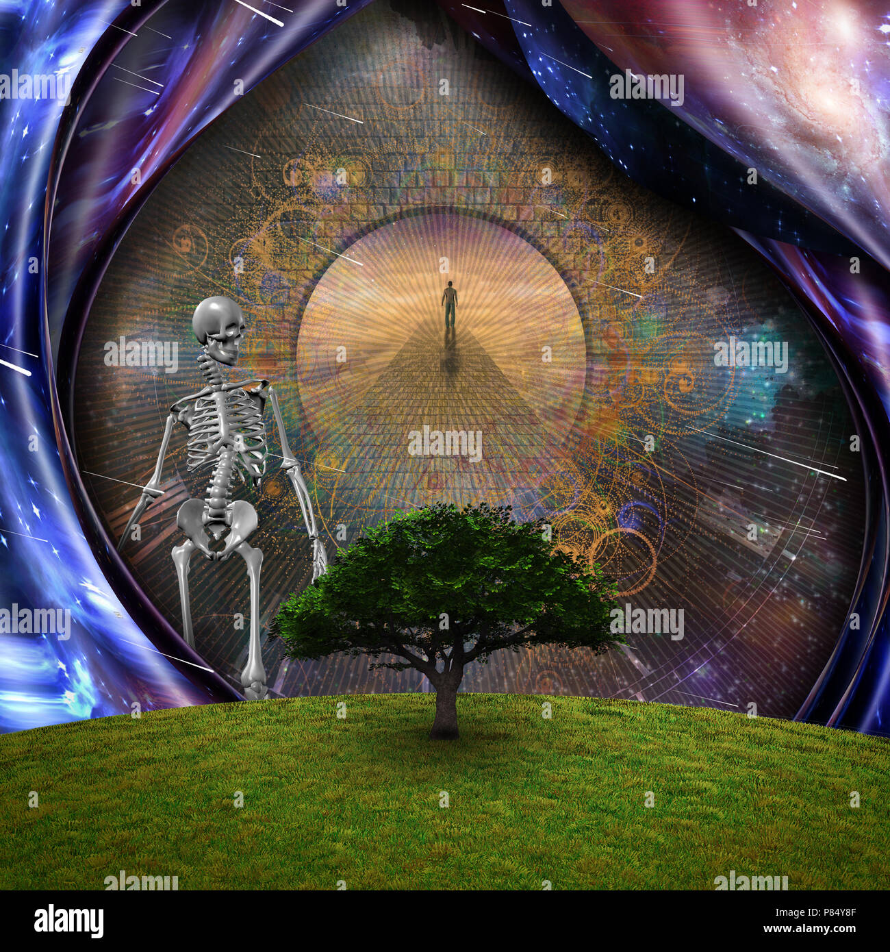 Surrealism. Green tree. Man on a stone road. Skeleton represents death