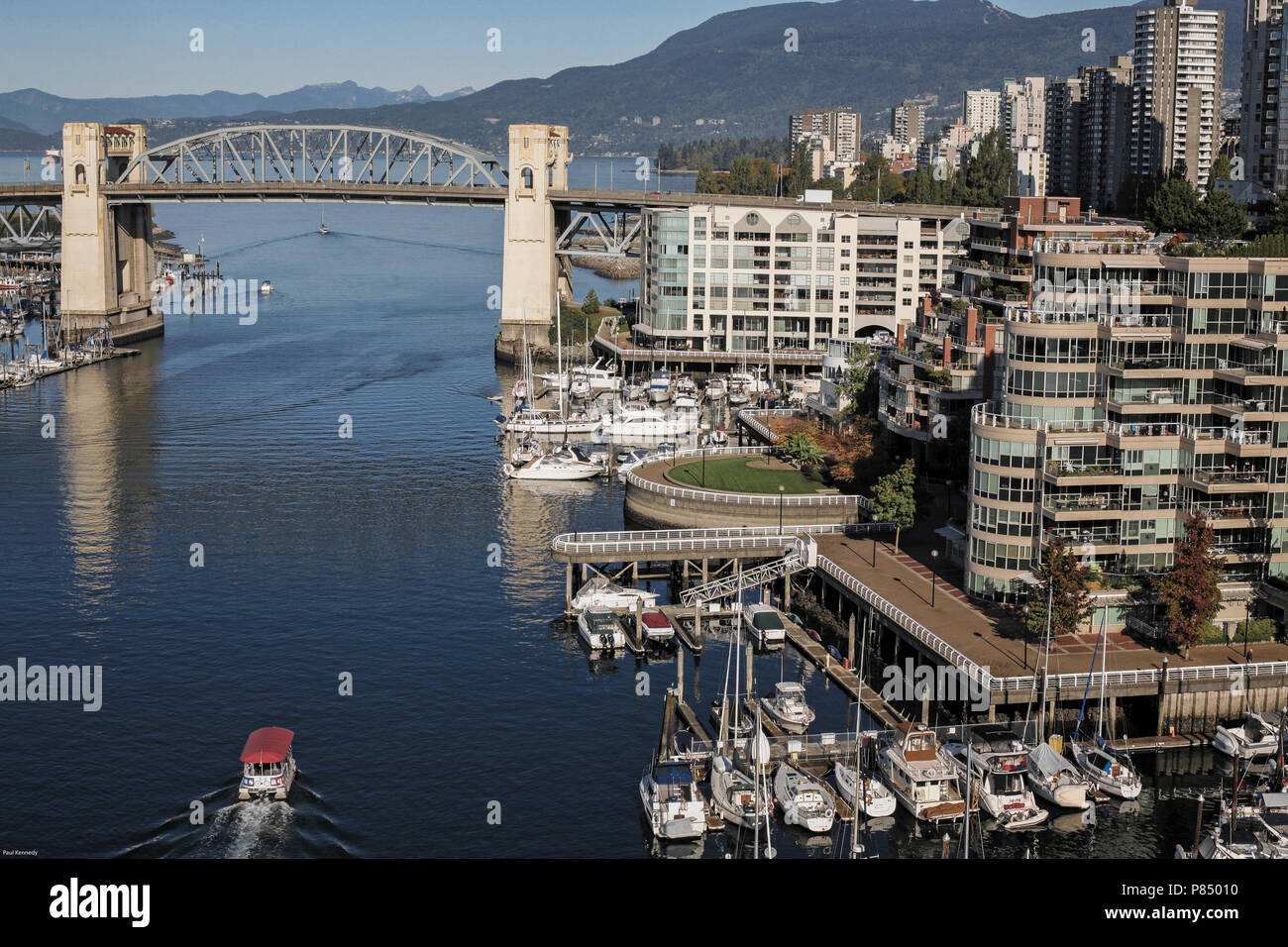 View of oceanfront apartments, marina and Burrard bridge in Vancouver