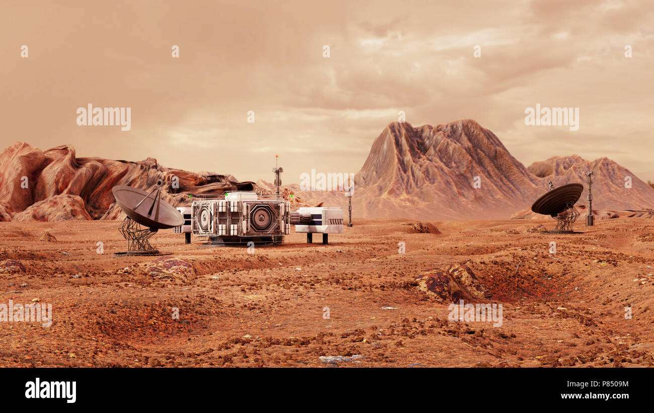 base on Mars, first colonization, martian colony in desert landscape on the red planet (3d space illustration) Stock Photo