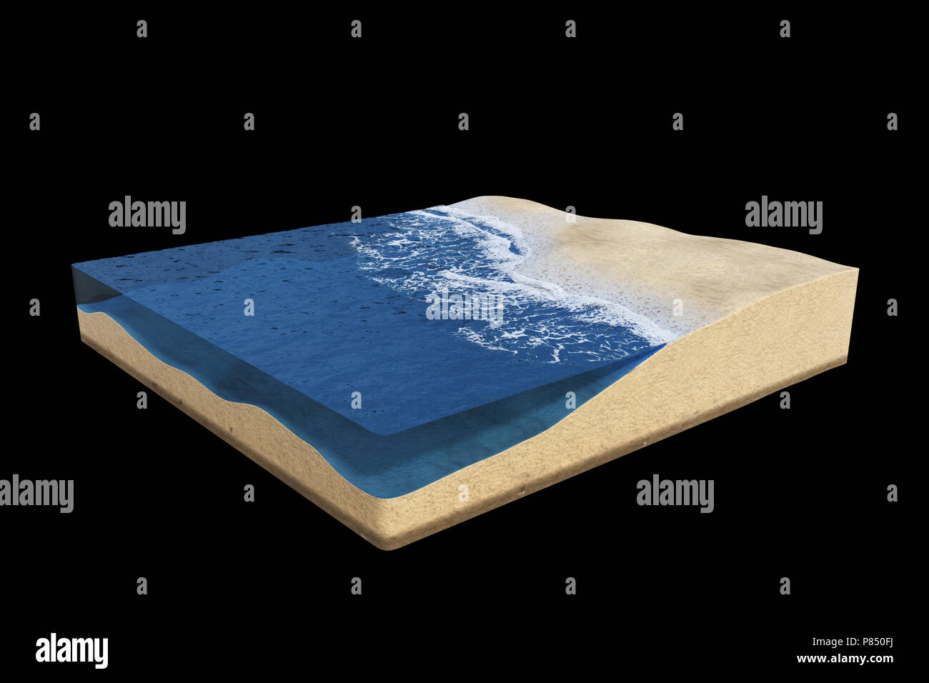 cross section of a strand area with ocean water, beach cube concept with sea and sand (3d illustration, isolated on black background) Stock Photo