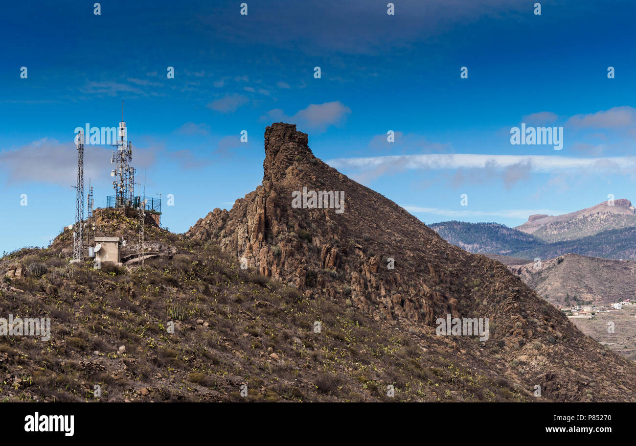 Tenerife, Canary Islands - from the Mirador de le Centinela, near Valle San Lorenzo, on the south coast. The Roque de Jama. Communications masts. Stock Photo