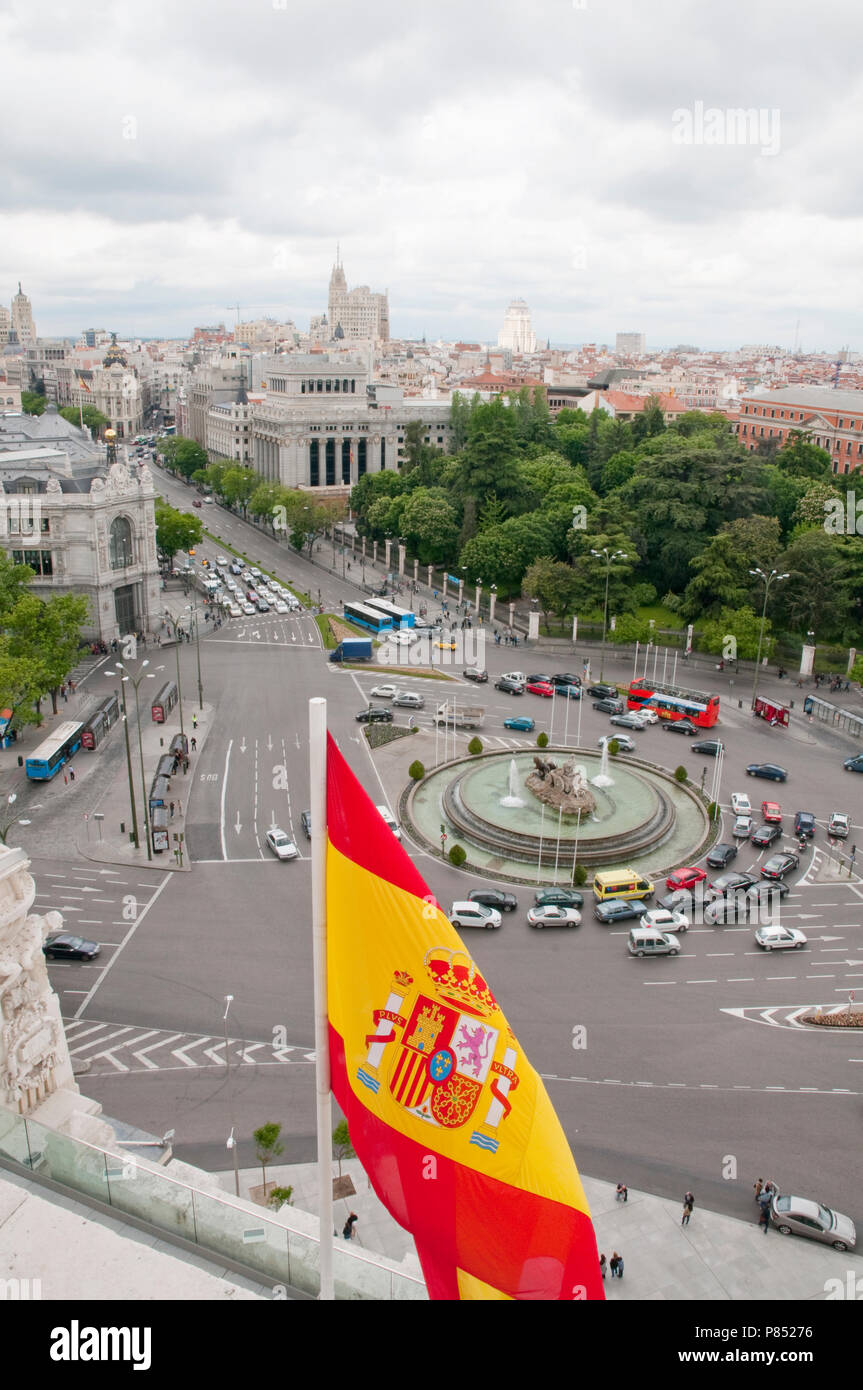 Plaza de la Cibeles and Spanish flag waving, view from the new City
