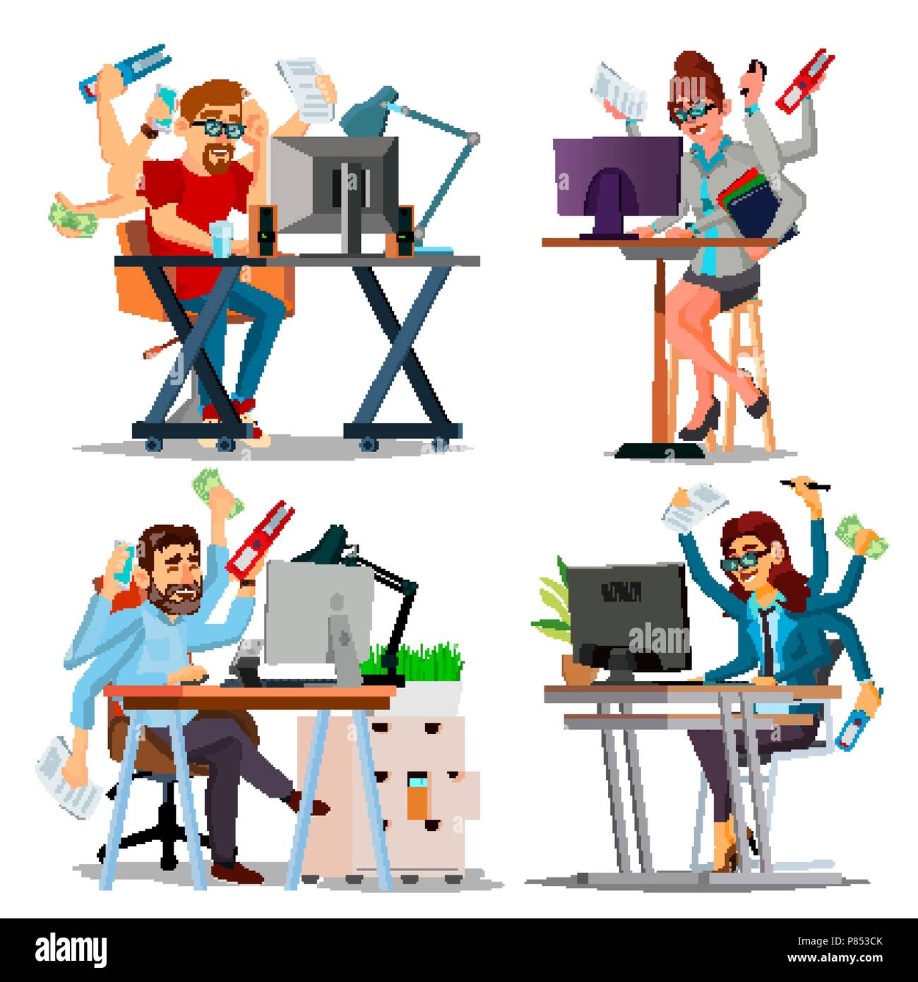 Multiple Tasks Business Concept Vector. Set Person. Many Hands Doing ...