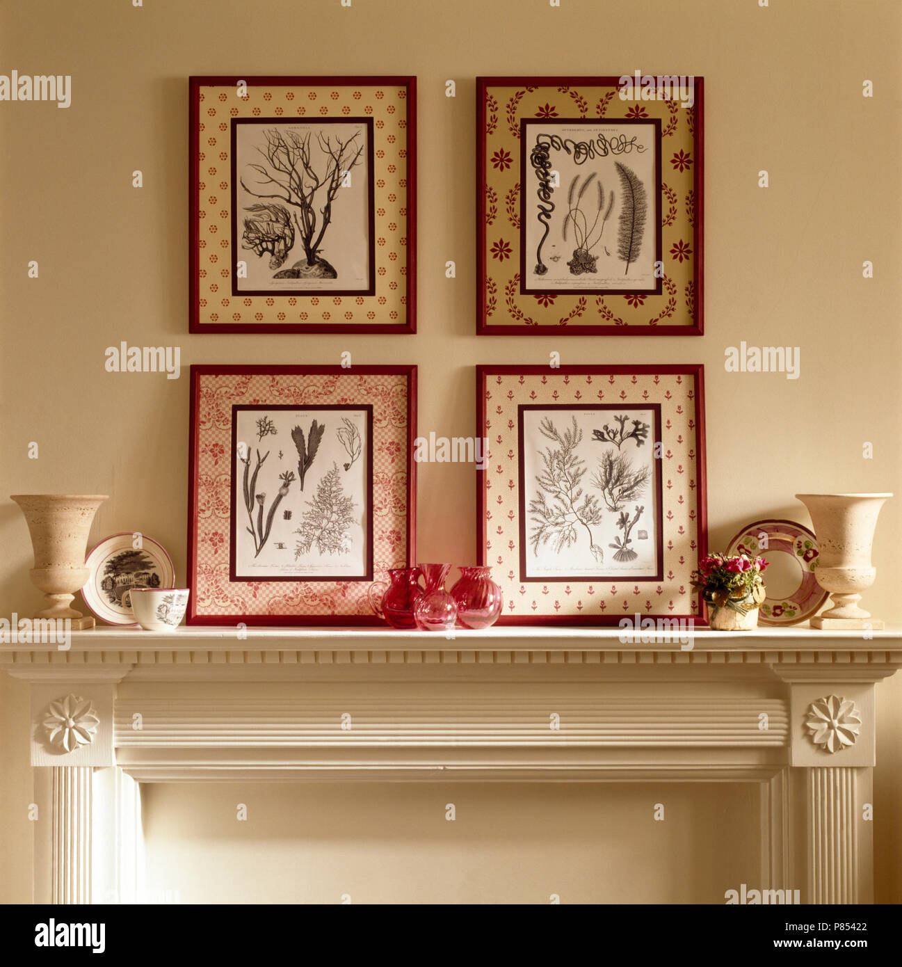 Close Up Of Framed Leaf Prints In Hand Decorated Frames Stock