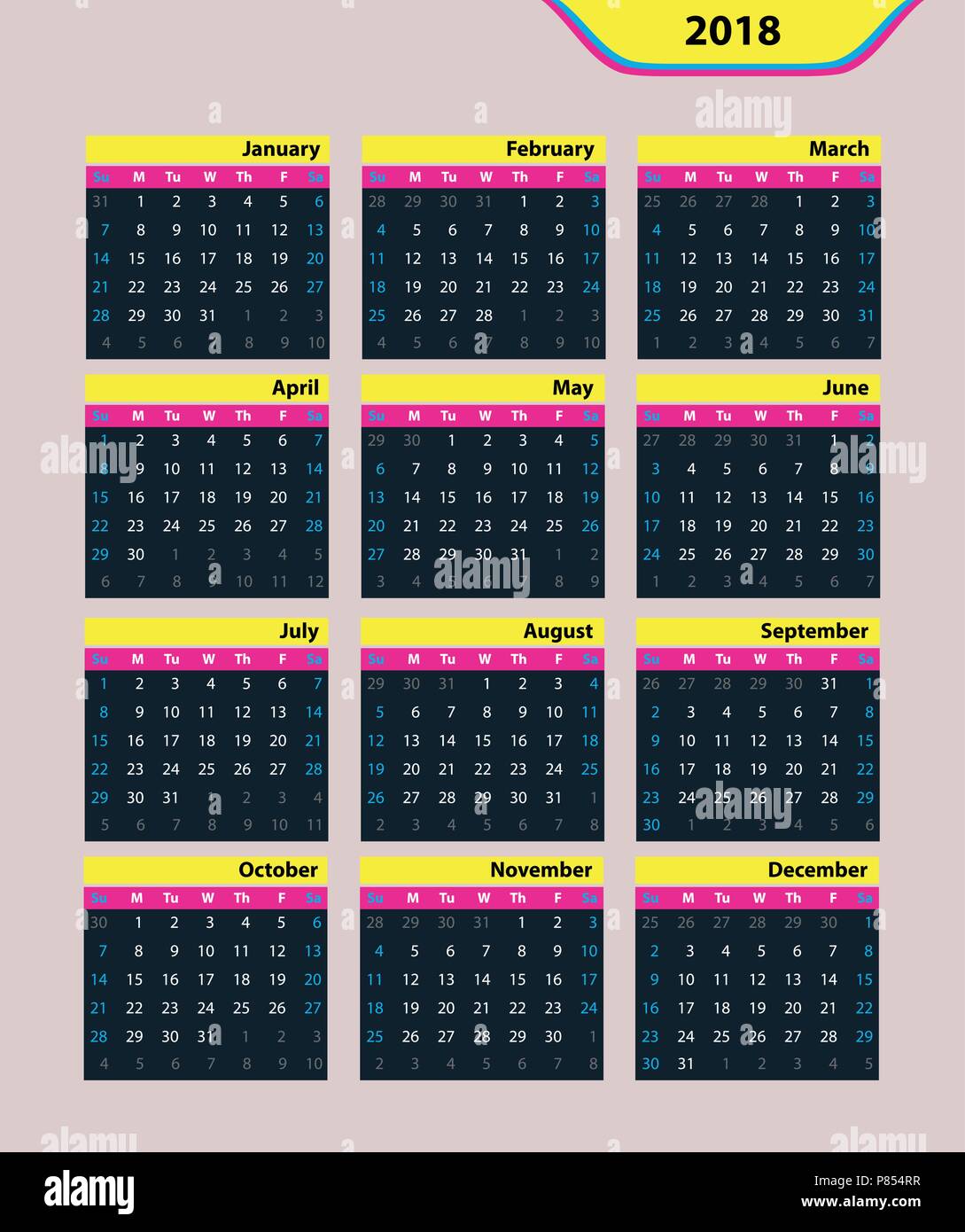 Classic vector calendar 2018 on a gray background Stock Vector