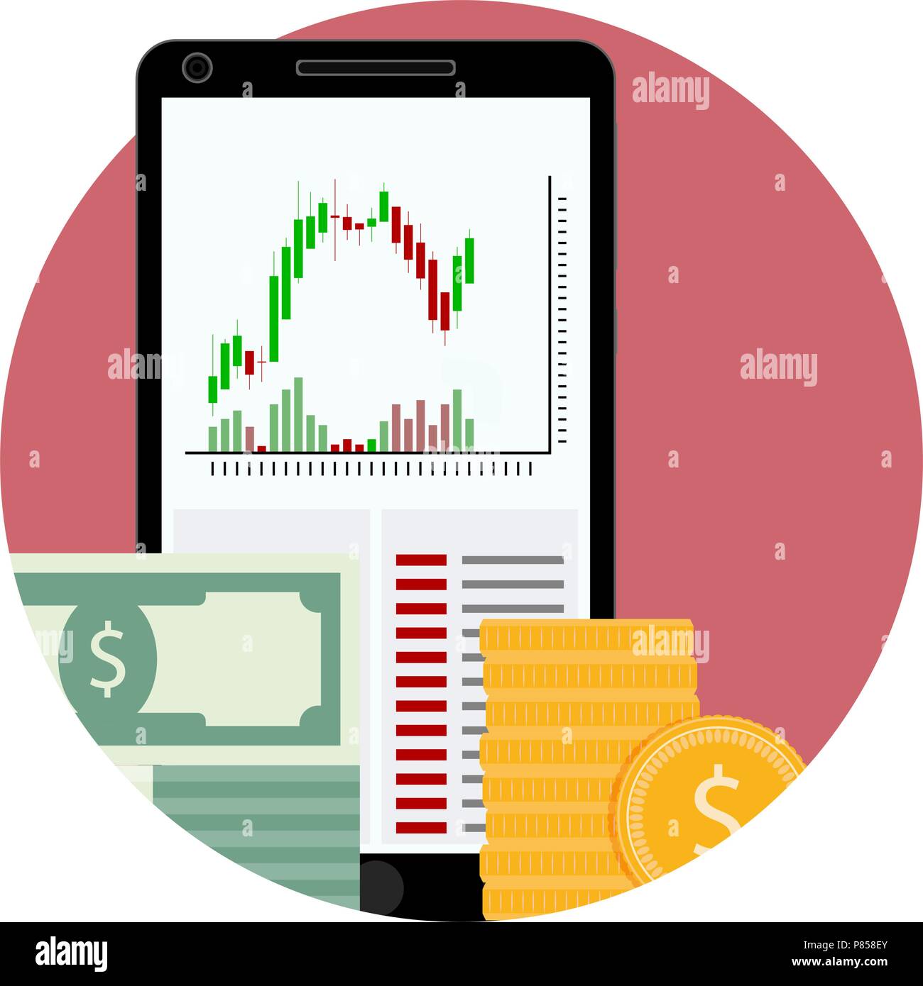 Stock financial market icon. Vector graph trade, money exchange forex illustration Stock Vector