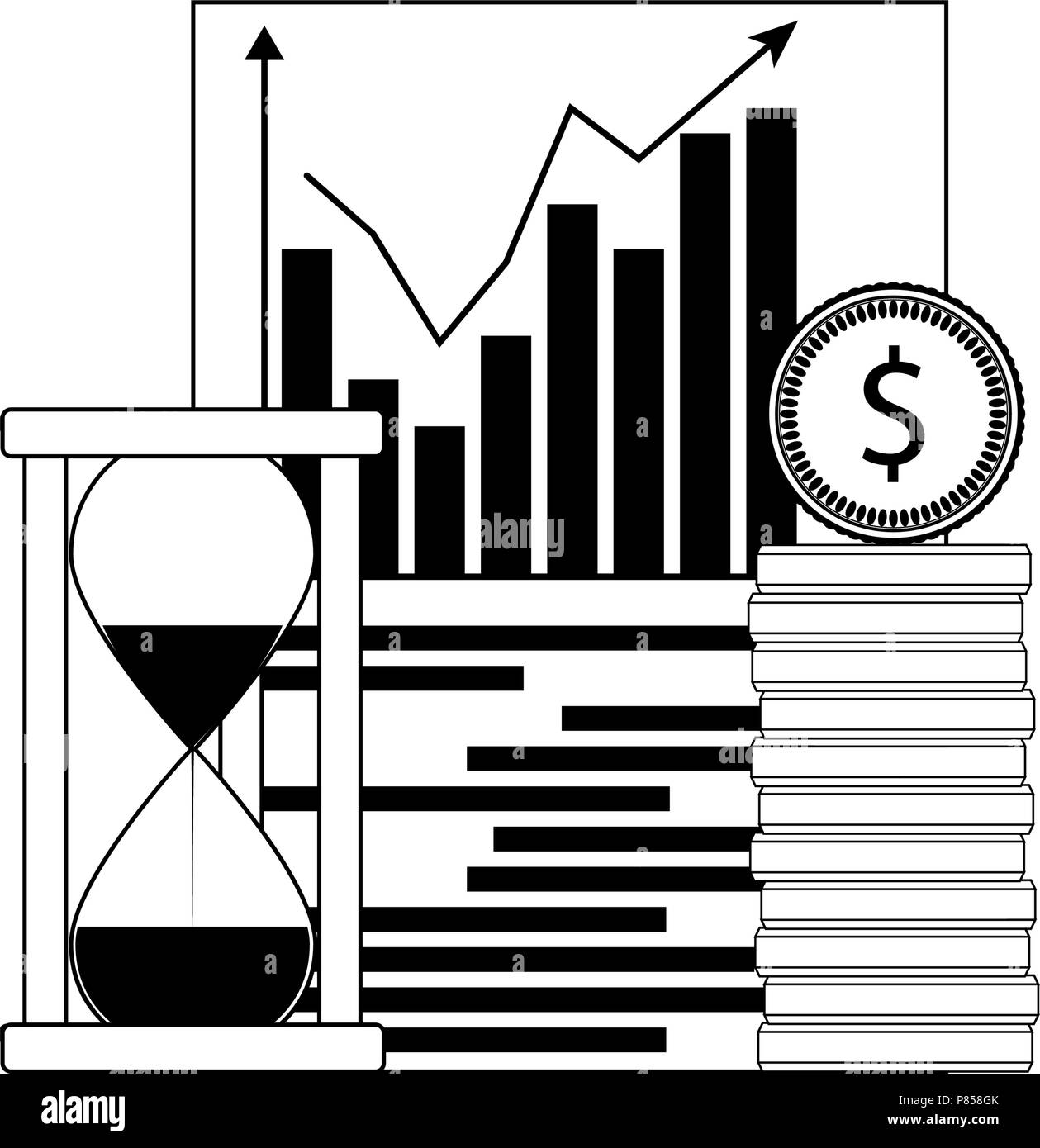 Growth financial chart. Hourglass and stack coin. Vector illustration Stock Vector