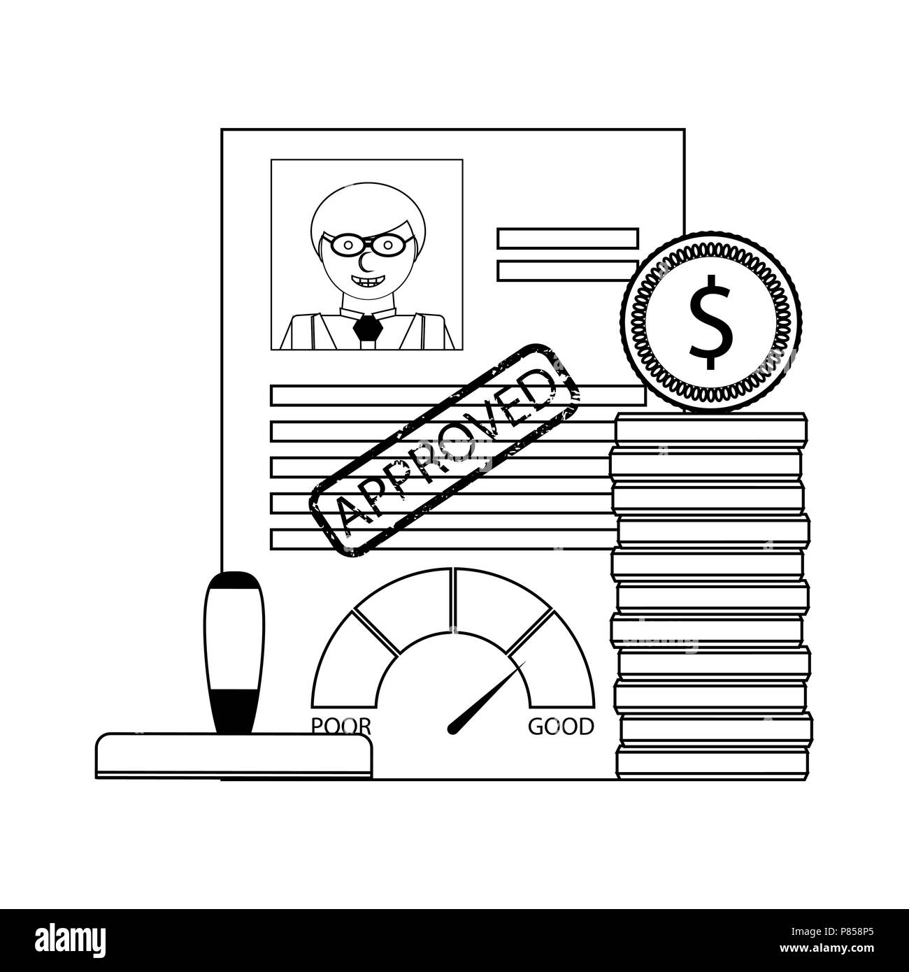 Loan approved for credit. Good credit rate and stack coins. Vector illustration Stock Vector