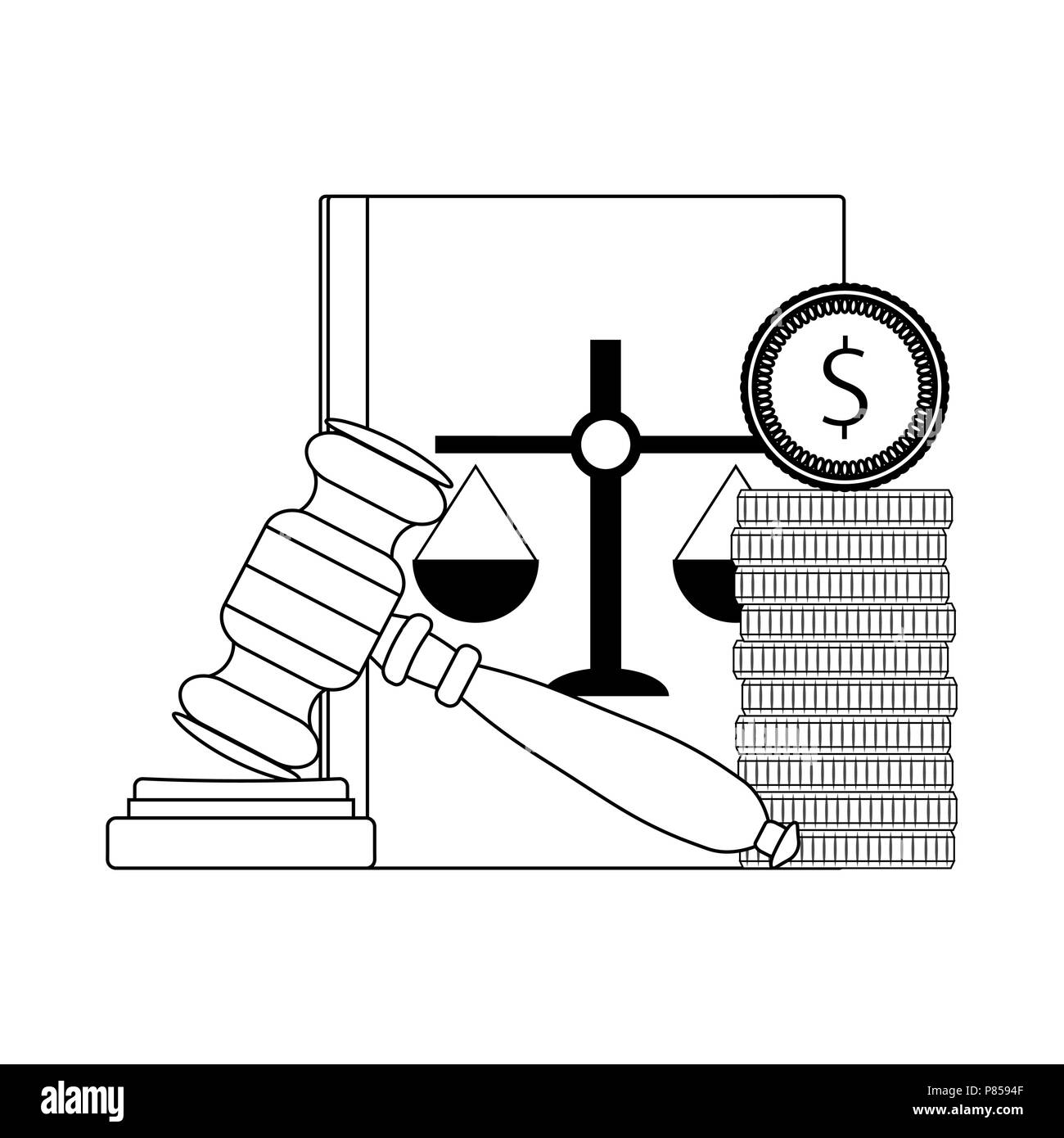 Corrupt bribery in judge. Vector line money bribe, constitution and gavel illustration Stock Vector