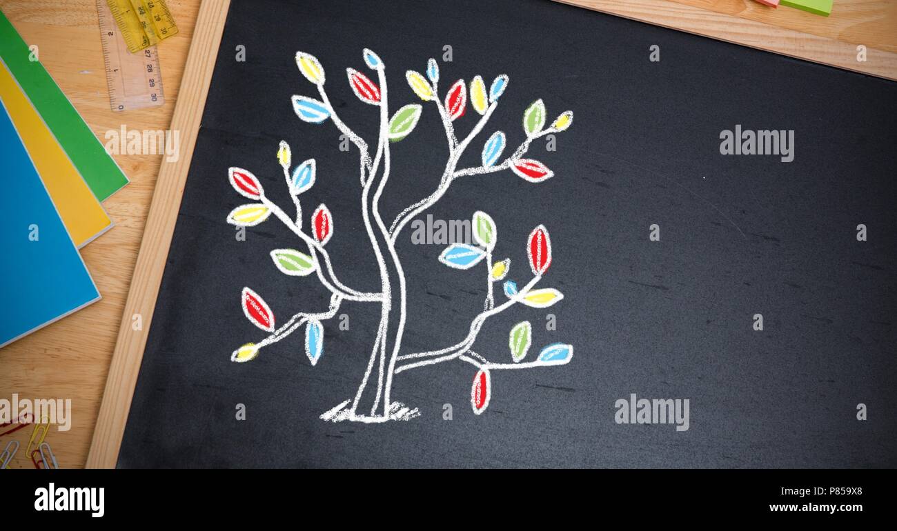 Tree leaves education drawings on blackboard for school Stock Photo