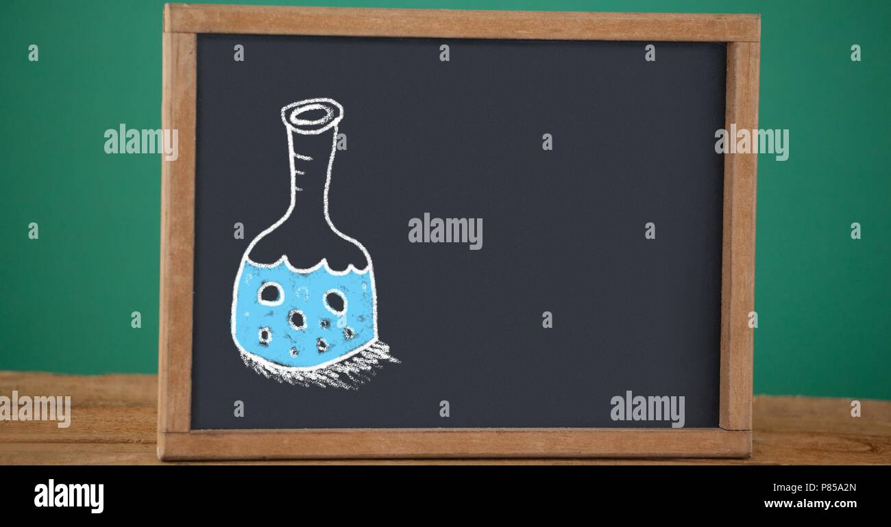 Science flask bottle on blackboard Stock Photo Alamy