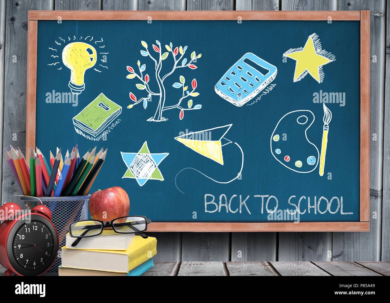 Back to school education drawings on blackboard for school Stock Photo