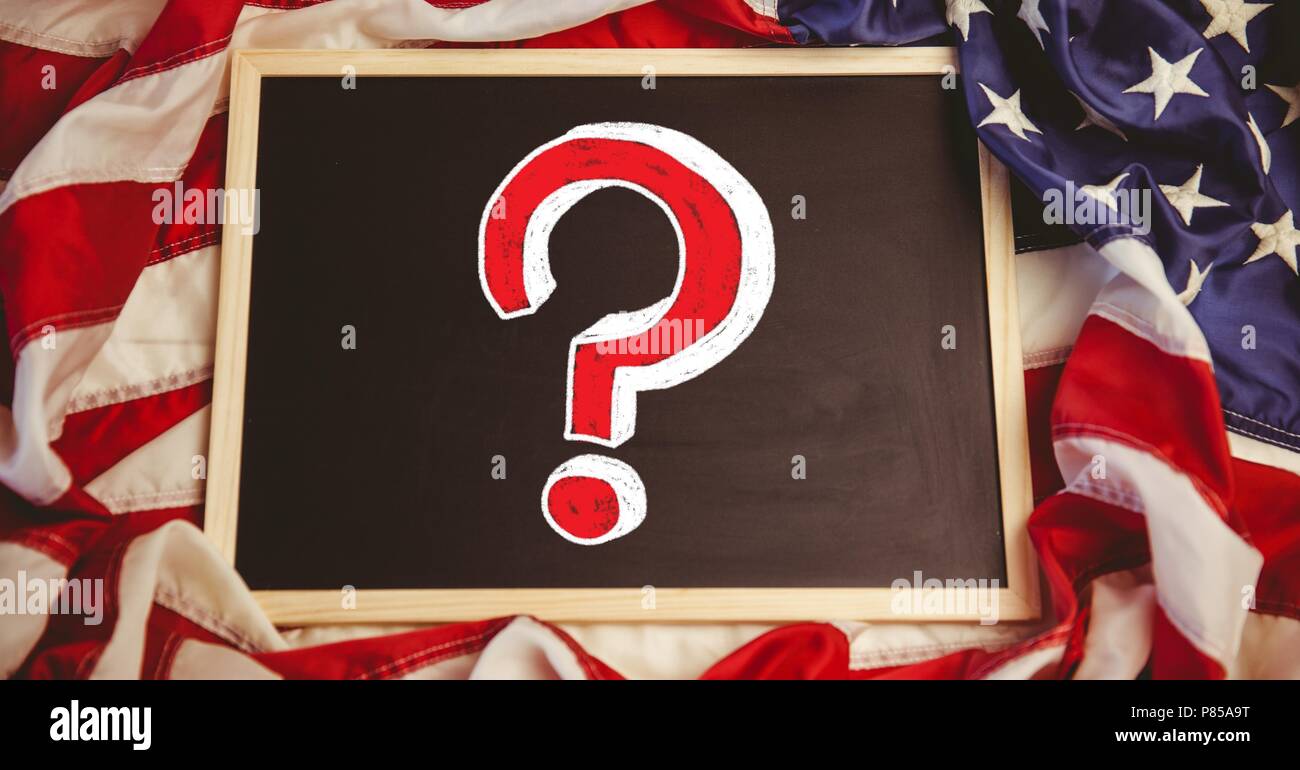 Question Mark education drawings on blackboard for school with American flag Stock Photo