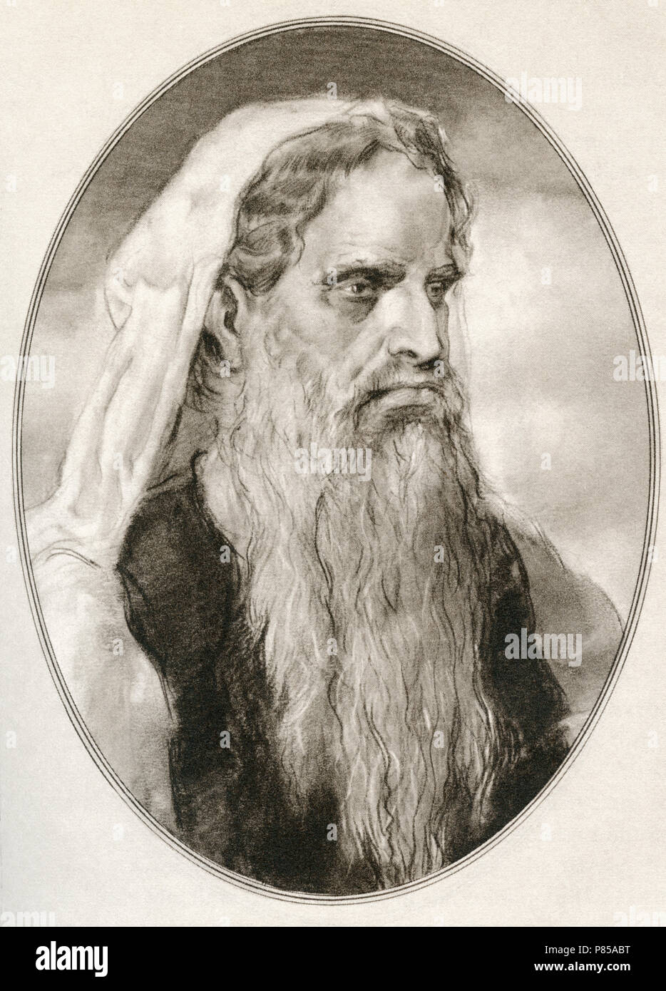 Moses, a prophet in the Abrahamic religions, leader of the Israelites and lawgiver.  Illustration by Gordon Ross, American artist and illustrator (1873-1946), from Living Biographies of Religious Leaders. Stock Photo