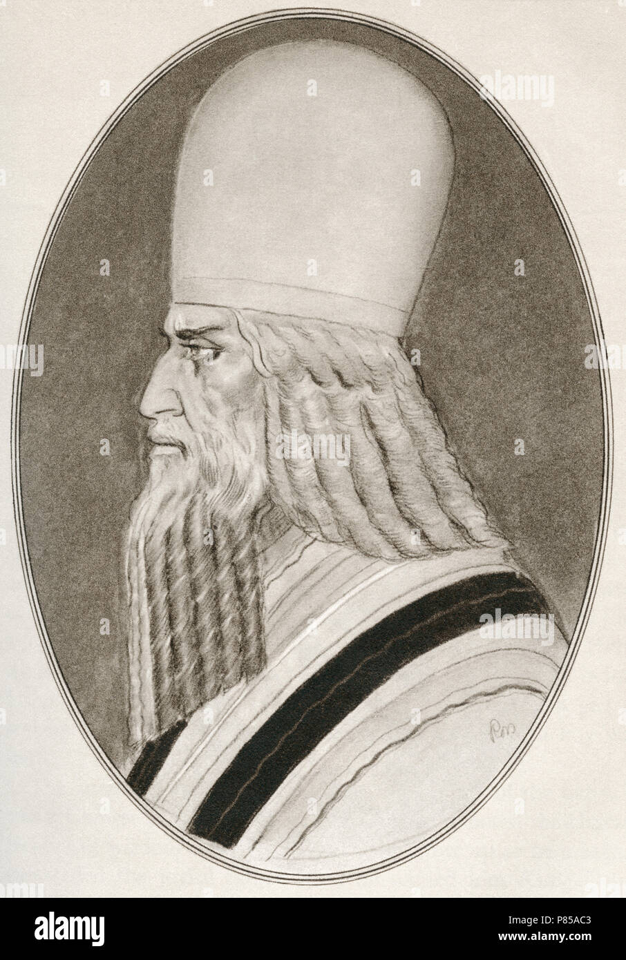 Zoroaster, aka Zarathustra, Zarathushtra Spitama or Ashu Zarathushtra.  Ancient Iranian-speaking prophet.   Illustration by Gordon Ross, American artist and illustrator (1873-1946), from Living Biographies of Religious Leaders. Stock Photo