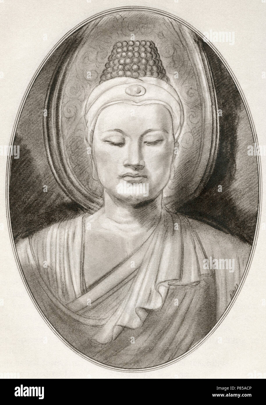 Gautama Buddha, c. 563/480 – c. 483/400 BC, aka Siddhārtha Gautama, Shakyamuni Buddha or the Buddha.  Ascetic (śramaṇa) and sage.   Illustration by Gordon Ross, American artist and illustrator (1873-1946), from Living Biographies of Religious Leaders. Stock Photo