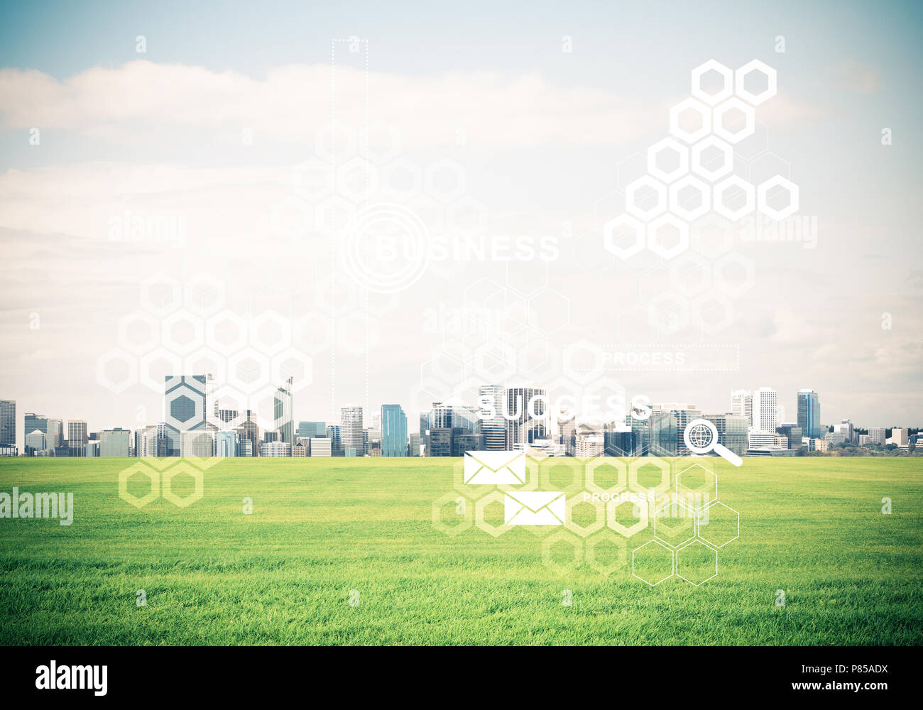 Natural background with modern cityscape green field and media i Stock