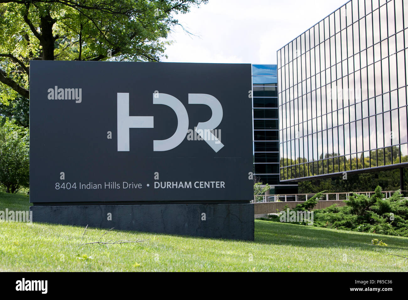 A logo sign outside of the headquarters of HDR, Inc., in Omaha, Nebraska on July 1, 2018. Stock Photo