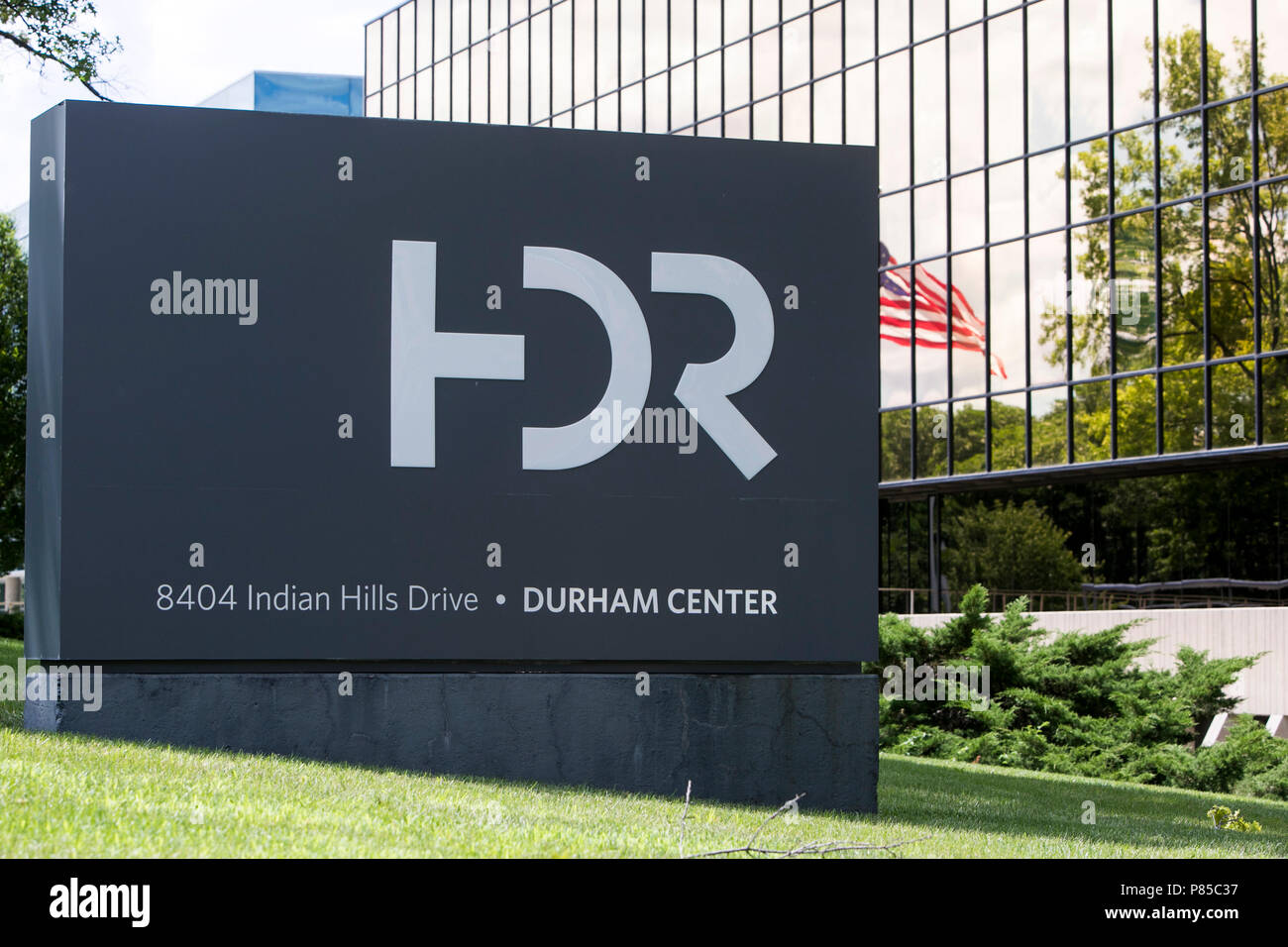 A logo sign outside of the headquarters of HDR, Inc., in Omaha, Nebraska on July 1, 2018. Stock Photo