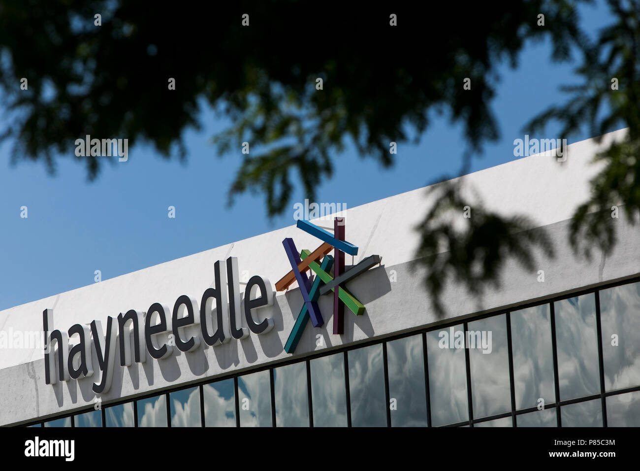 A logo sign outside of the headquarters of Hayneedle in Omaha, Nebraska