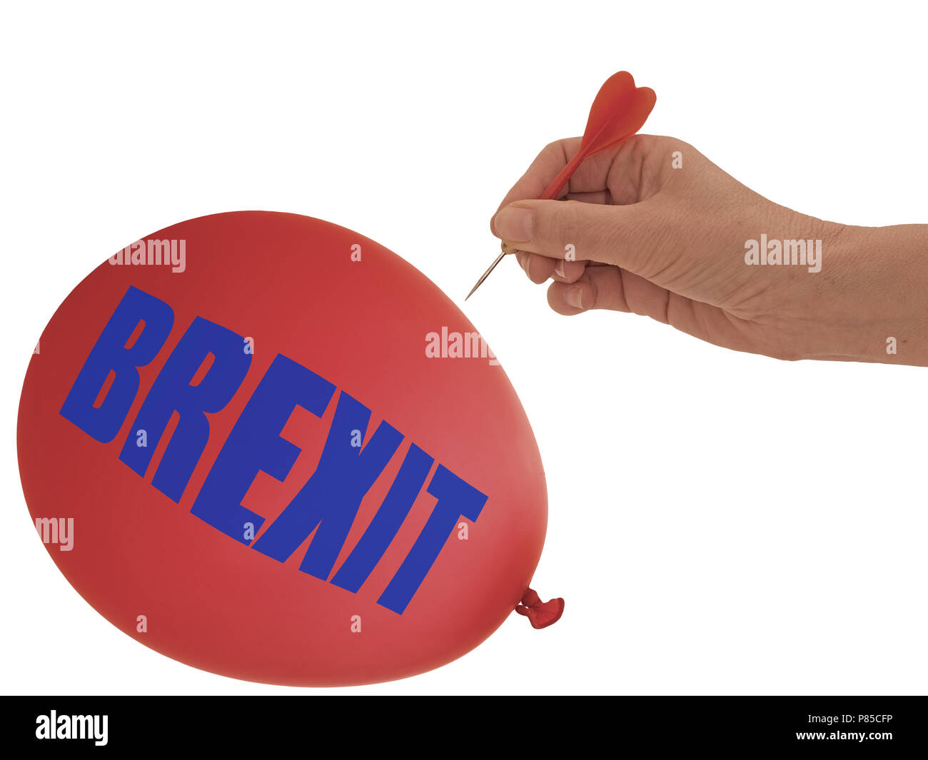 BREXIT balloon to go bang, pop - political metaphor, isolated on white background. Stock Photo