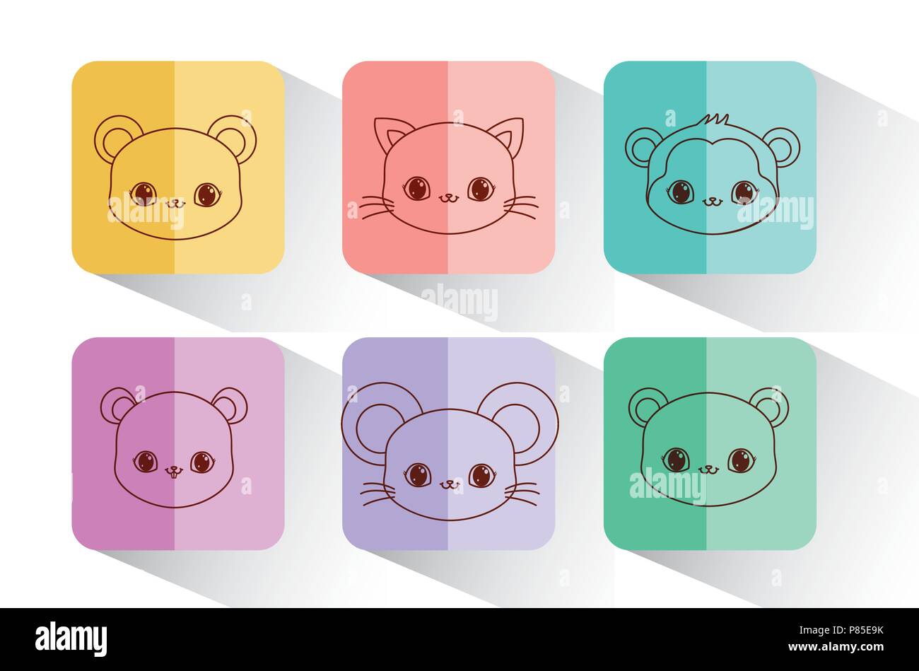 icon set of kawaii animals over colorful squares and white  background, vector illustration Stock Vector