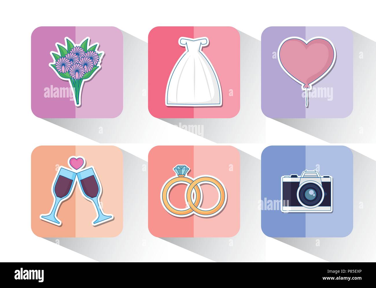 Icon set of wedding concept over colorful squares and white background ...