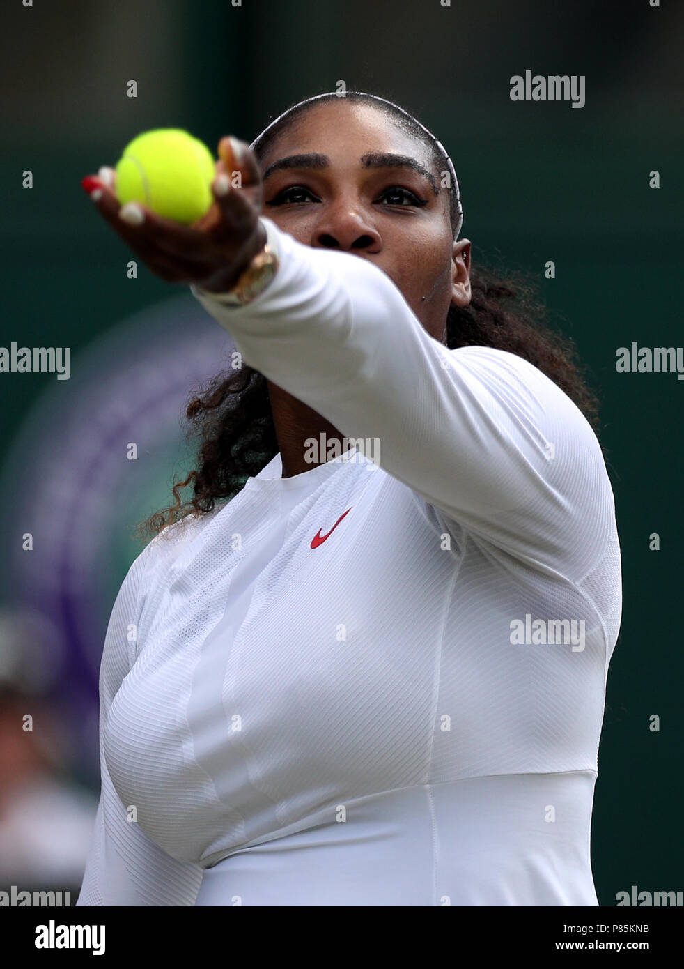 Serena Williams in action on day seven of the Wimbledon Championships at the All England Lawn Tennis and Croquet Club, Wimbledon. PRESS ASSOCIATION Photo. Picture date: Monday July 9, 2018. See PA story TENNIS Wimbledon. Photo credit should read: Jonathan Brady/PA Wire. Stock Photo