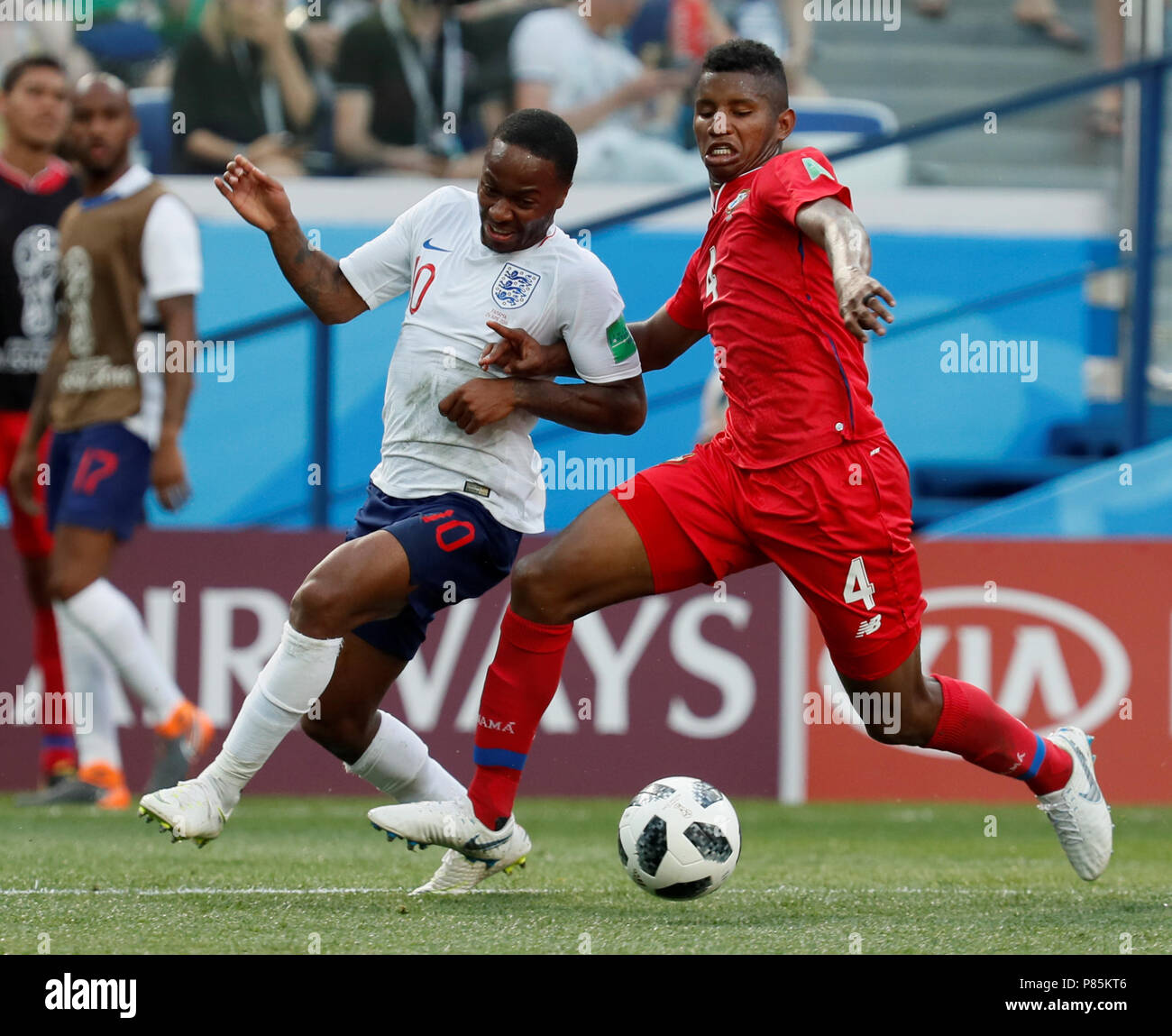 NIZHNY NOVGOROD, RUSSIA - JUNE 24: Raheem Sterling (L) of England national team and Fidel Escobar of Panama national team vie for the ball during the 2018 FIFA World Cup Russia group G match between England and Panama at Nizhny Novgorod Stadium on June 24, 2018 in Nizhny Novgorod, Russia. (MB Media) Stock Photo