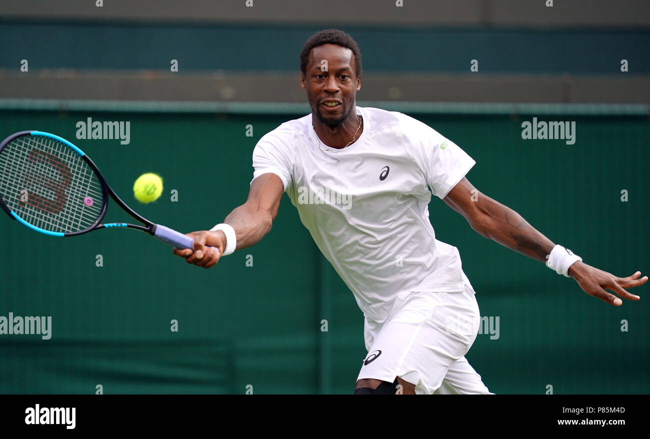 Gael Monfils in action on day seven of the Wimbledon Championships at