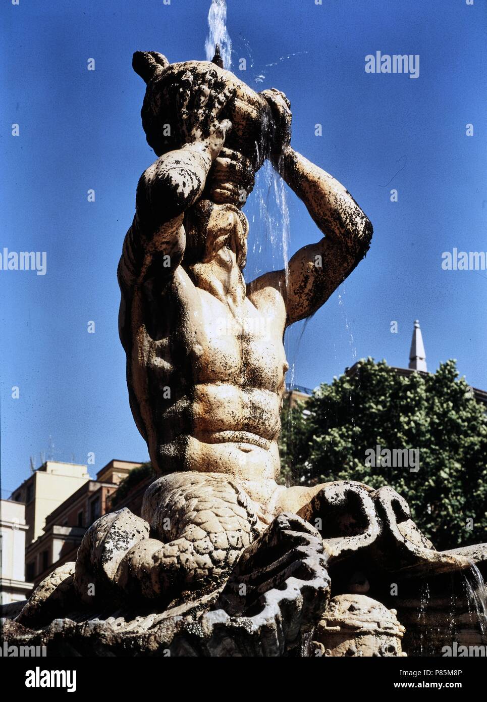 Detalle del Tritón en la Fuente del mismo nombre. Plaza Barberini, Roma. Stock Photo
